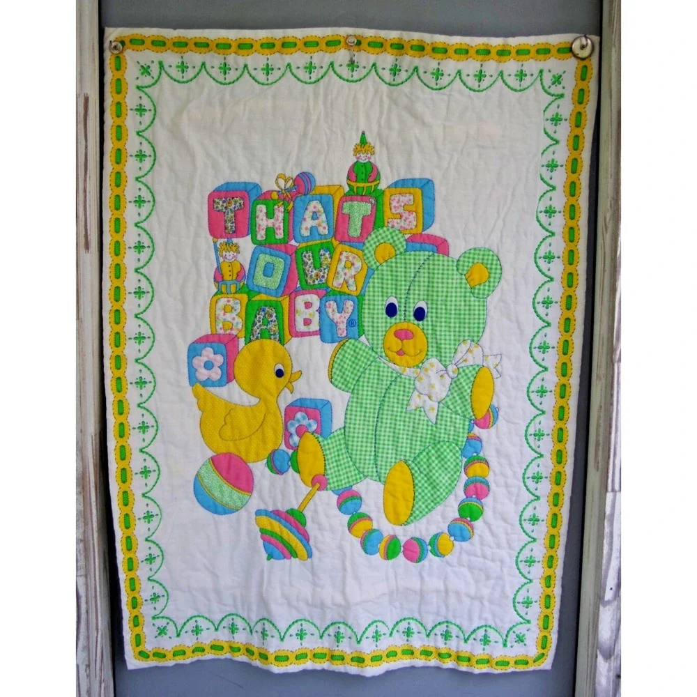 Vintage Baby Crib Quilt Bear Duckie Blocks Rattle Pattern EUC‎